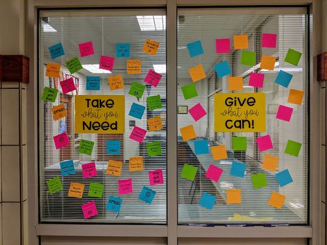 Take What You Need, Give What You Can Sticky Note Board Start With Hello Week, Sticky Note Board, Self Care Bulletin Board, Start With Hello, Take What You Need Board, Easy Bulletin Board, School Counseling Bulletin Boards, School Bulletin Board Ideas, Easy Bulletin Boards