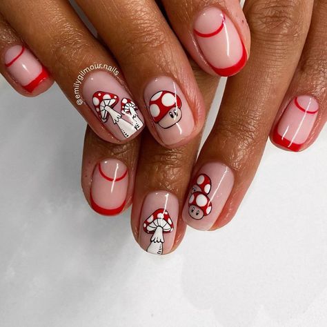 Mushroom Nails Designs, Mushroom Manicure, Mushroom Design Nails, Nail Designs With Mushrooms, Short Acrylic Nails Mushroom, Short Mushroom Nail Designs, Almond Nails Mushroom Design, Mushrooms Nails, Mushrooms Nails Design