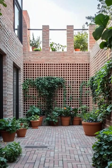 Brick courtyard adorned with climbing plants and potted greenery. Brick facade houses stand out like a flashy bow tie at a black-tie event. See why they might just be the charming exteriors you didn’t know you needed. Brick Backyard, Townhouse Backyard, Brick Courtyard, Modern Brick House, Modern Residential Architecture, Suburban House, Brick Architecture, Brick Facade, Courtyard House