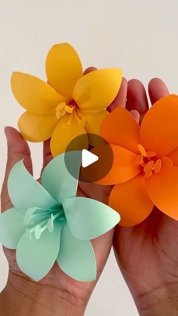 Lebo M on Instagram: "Happy Friday!💛🩵🧡🤗 you can find this template and many more in my Etsy shop. Link in my bio🌸 - - - #paperflowers #tropical #yellow #lilies #paperflorist #orange #papercrafts #etsy #spring #diypaperflowers #colorful #etsyshop #lily #fallflowers #artandcraft #handmade #love #papercrafts #instaflower #beautiful #paperart #sunshine #floresdepapel #cricutmade #fallcrafts #videotutorial #paper #paperartist #flowers #diycrafts" Colour Paper Flower Craft, Diy Hibiscus Flower Paper, Tropical Paper Flowers Diy, Flower Templates Printable Free, Big Paper Flowers, Yellow Lilies, Flower Templates Printable, Birthday Party Treats, Flower Bouquet Diy