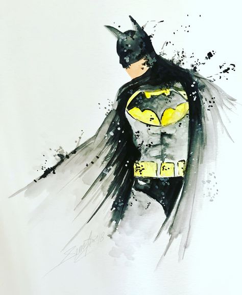 Watercolor Painting of Batman 🦇 🖤💛 Batman Watercolor Painting, Marvel Watercolor Art, Batman Watercolor, Superhero Watercolor, Superhero Painting, Superhero Background, Dc Tattoo, Batman Painting, Batman Comic Wallpaper