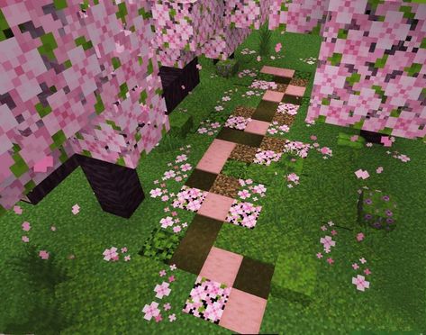 Pink Blossom Minecraft House, Minecraft Cherry Blossom House Blueprint, Minecraft Cute Path Ideas, Pink Wood Minecraft Builds, Minecraft Building Ideas Paths, Minecraft Pathing Ideas, Minecraft Cherry Blossom Coordinates, Minecraft Blossom Ideas, Cherry Blossom Hut Minecraft