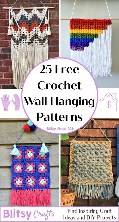 25 Free Crochet Wall Hanging Patterns (Wall Art Pattern) - Blitsy Crochet Bathroom Wall Hanging, Crochet Wall Art Free Pattern, Tunisian Crochet Wall Hangings, Crochet Winter Wall Hanging, Crochet Wall Decoration, Crochet Door Hanging Free Pattern, Wall Hanging Crochet Free Pattern, Crocheted Wall Hangings, Crochet Wall Hangings Free Patterns