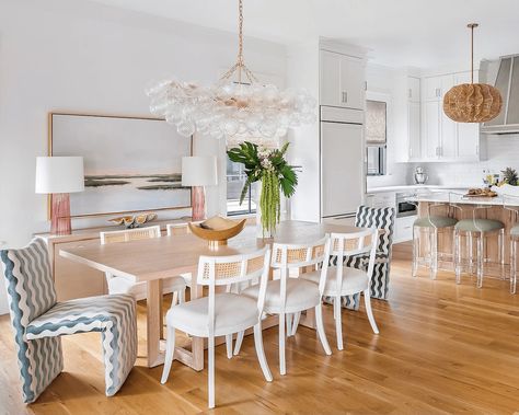 Pink Lamps, Megan Molten, Coastal Dining Room, Beachy Room, Coastal Dining, Media Table, Custom Chair, Pastel Room, Colorful Space