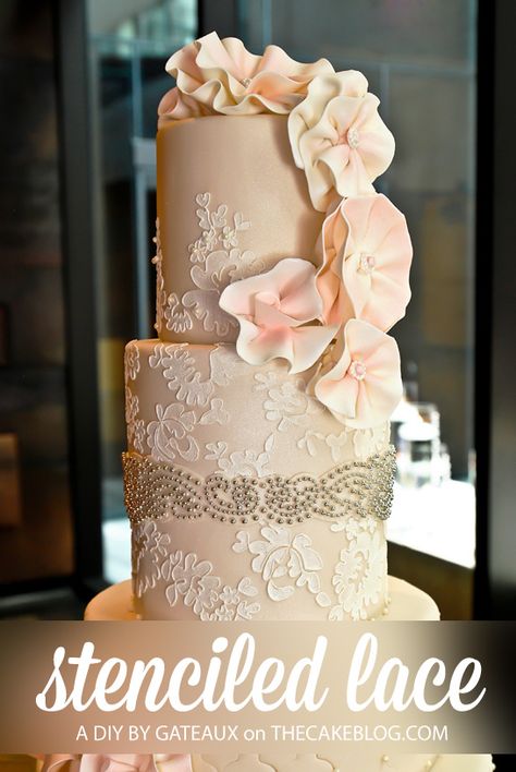 Stenciled Lace Cake Tutorial  |  by Gateaux Inc  |  TheCakeBlog.com Dessert Art, Lace Cake, Lace Wedding Cake, Tiered Cake, Cake Blog, Gateaux Cake, Cake Stencil, Pastry Art, Cake Lace