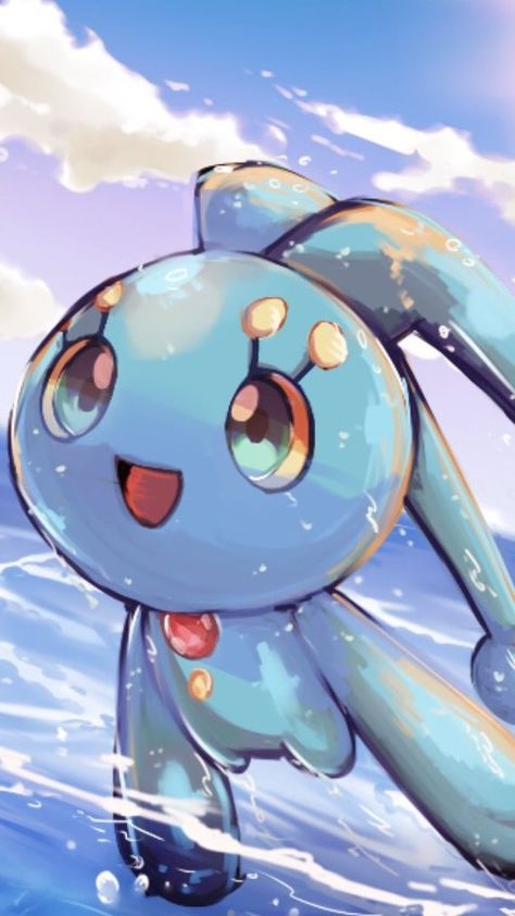 It's Manaphy, the Seafaring Pokemon. It's a member of the sea guardians with Phione. It is highly susceptible to its environment, and swims long distances to return to its birthplace. It is born with a special power that allows it to bond with any Pokémon. It can switch the perspective of people, and Pokémon, with each other. As it can breed  with Ditto to create Phione's eggs, they share some traits. However, unlike Phione, it lives in cold seas. Manaphy Pokemon, Pokemon Legendaries, Pokémon Images, Sinnoh Region, Water Type Pokemon, Pokemon Platinum, Legendary Pokemon, Pokemon Fusion Art, Mythical Pokemon