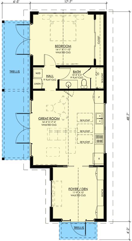 This contemporary single bedroom cottage house plan is an ideal starter home, vacation getaway cabin, or an ADU to generate income on your property.  Enter the home through the foyer, which doubles as a den or lounge area, into the large open-concept kitchen and great room living space.  Large picture windows and skylights combined with the vaulted ceilings throughout the home give this small space a larger than life feel. Architectural Designs' primary focus is to make the process of finding and buying house plans more convenient for those interested in constructing new homes - single family and multi-family ones - as well as garages, pool houses and even sheds and backyard offices.  Our website offers a vast collection of home designs, encompassing various architectural st 2 Bed 1 Bath Tiny House, 1 Bedroom With Den Floor Plans, 20x40 Tiny House Plans, House Plans Under 800 Sq Ft, 800 Sq Ft Apartment Layout, 2 Bedroom 800 Sq Ft House Plans, 20 X 30 Floor Plan Layout 1 Bedroom, 900 Sq Ft House Plans 1 Bedroom, Adu With Loft