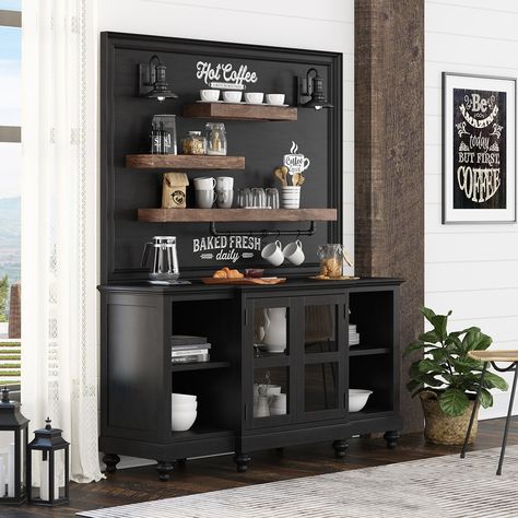 Davis Farmhouse Black Home Coffee Bar Station Coffee Station Cabinet Modern, Hutch With Coffee Bar, Coffee Bar Ideas With Chalk Wall, Industrial Coffee Bar Station, Black Coffee Nook, Caffe Station Bar Ideas, Black Wall Coffee Bar, Farmhouse Beverage Station, Coffee And Wine Bar Ideas Cabinets