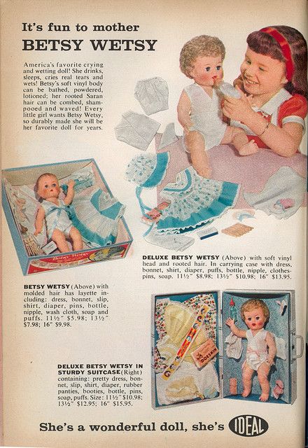 Betsy Wetsy doll ad from the 50's. The Ideal Toy Co. started manufacturing her in 1935, named after the head of the company, A. Katz's, daughter. She was one the first of the popular dolls to also be offered in ethnic versions. Ideal Toys, Vintage Memory, Old Ads, Photo Vintage, Childhood Toys, Retro Toys, Sweet Memories, Old Toys, The Good Old Days