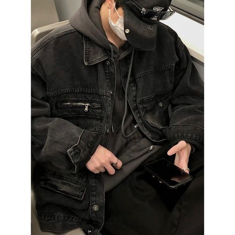 Size (cm) S M L XL Length 56 57 58 59 Chest 114 118 122 126 Shoulder 60 61 62 62 Model Information: Height: 179 cm Weight: 60 kg Black Workwear, Boyfriend Outfit, Outfits Hombre, Workwear Fashion, Black Denim Jacket, Round Neck Sweaters, Trending Dresses, Black Jacket, Black Fabric