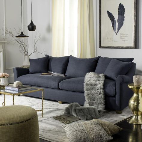 KNT4024B - Safavieh Blue Sofa Aesthetic, Modern Living Room Blue Couch, Dark Blue Couch Living Room Decor, Gray Blue Sofa, Living Room Blue Accents, Navy Living Room Furniture, Living Room With Blue Couch, Living Pequeño, Navy Sofa Living Room