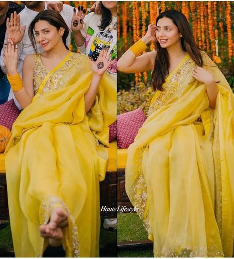 Haldi Saree Indian Bridal, Simple Haldi Look For Bride, Dholki Dress, Mahira Khan Wedding, Haldi Look For Bride, Haldi Function Dress, Haldi Saree, Haldi Outfit For Bride, Bride Haldi