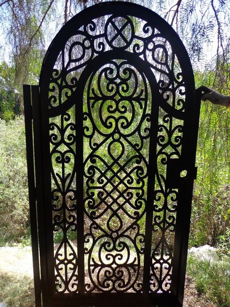 Here is a fabulous custom entry gate with FACTORY-DIRECT PRICING. A beautiful gate to embellish that perfect spot! This is an exquisite design with extensive detail. He plays the flute for his love and a child listens nearby holding flowers. | eBay! Ornamental Iron Gates, Pergola Plans Roofs, Wrought Iron Gate Designs, Tor Design, Wrought Iron Garden Gates, Metal Garden Gates, Iron Garden Gates, Pedestrian Walk, Metal Gate