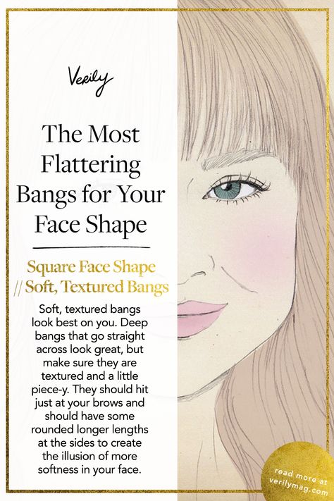 How To Tell What Shape Your Face Is, Bangs With Medium Hair Square Face, Wolf Haircut Square Face, Short Bangs Square Face, Best Bangs For Square Face Shape, Bangs For Face Type, Fringes For Square Faces, Bang Length Face Shapes, Which Bangs For My Face