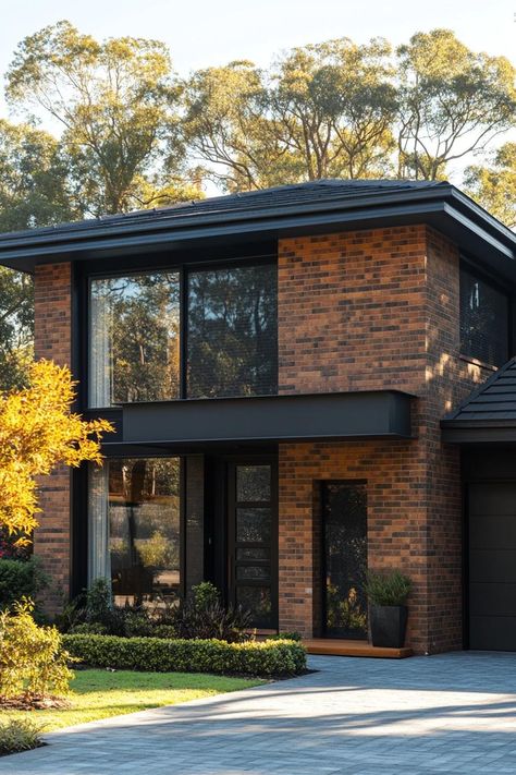 50 Brick Facade Houses with a Rustic Yet Modern Look Brick Home Painted Black, White Brick With Black Siding, Villa Brick Facade Design, Brick Design House, Home Facade Design Modern, Black And Brick House Exterior, Brick Exterior With Wood Accents, Modern Industrial House Exterior, Modern Apartment Building Exterior