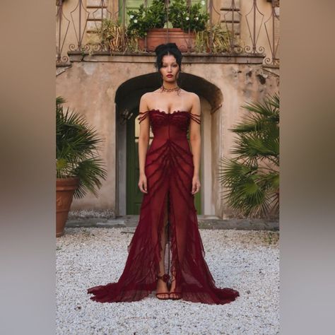 Unique Evening Dresses Long, Regal Red Dress, Red Formal Gown Elegant, Wedding Guest Dress Medium Size, Dark Wine Red Bridesmaid Dresses, Lacy Red Dress, Red Romantic Dress, Tango Dress Aesthetic, Red Ethereal Dress