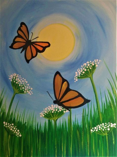 Butterflies Wall Painting, Cute Easy Flower Paintings Acrylic, Small Butterfly Painting Easy, Painting Of A Butterfly, Flowers And Butterfly Painting, Butterfly Painting For Beginners, Simple Painted Butterfly, Butterfly With Flowers Painting, Butterfly Painting With Flowers