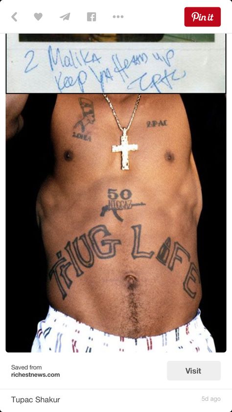 Pac Tupac Thug Life Tattoo, T.h.u.g L.i.f.e Tupac, Chest Tattoo With Meaning, Thug Life Tattoo, 2pac Tattoos, Tupac Tattoo, Cross Tattoo Meaning, Small Wave Tattoo, Tupac Pictures