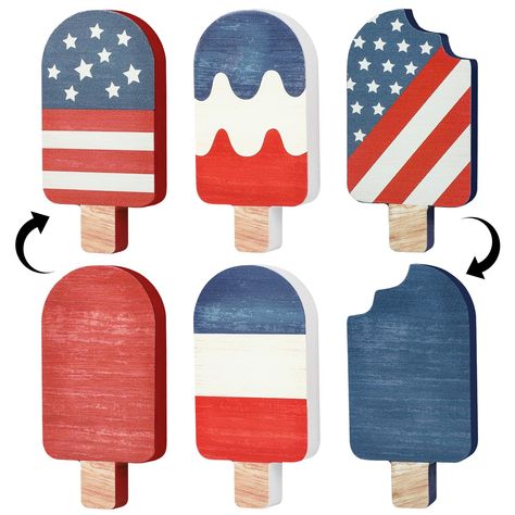 PRICES MAY VARY. Reversible Table Decor Design: You will get 3 pieces of summer ice cream wooden table centerpieces. Our Fourth of July wooden sign is designed with double-sided printing, red white and blue retro theme & patriotic star vintage theme, will create a warm and joyous atmosphere for your home decorations. High Material: Made of quality wood, these 4th of july decorations indoor for home are safe, odorless, strong and durable, with retro printed on the popsicle surface, exquisite rust Patriotic Centerpieces Table Decorations, Red White And Blue Decorations, Labor Day Decorations, Blue Decorations, Patriotic Centerpieces, Memorial Day Decorations, Summer Ice Cream, Patriotic Stars, Retro Theme