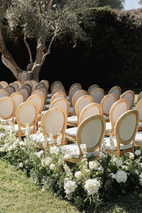 Hanging Florals, Wedding Ceremony Chairs, Classy Wedding Decor, Wedding Ceremony Seating, Ceremony Chairs, Garden Weddings Ceremony, Ceremony Design, European Wedding, White Wedding Flowers