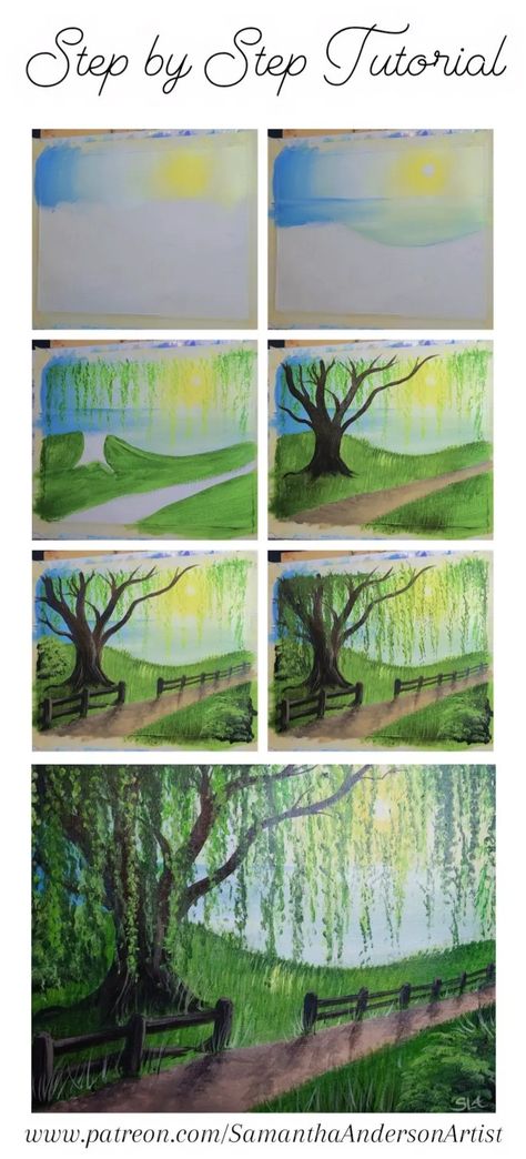 Easy Tree Nature acrylic painting tutorial with lake and sunset Acrylic Paint Landscape Easy, Scenery Painting Step By Step, Beginner Painting Tips, Free Painting Tutorials, How To Paint Step By Step Easy, How To Paint With Acrylics On Canvas, Paint Nite Step By Step, Diy Paint Canvas Ideas, Silloute Painting