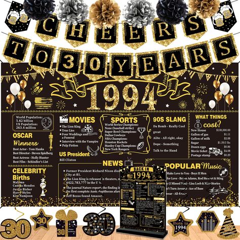 PRICES MAY VARY. 30th Birthday Decorations Kit: 1 Back in 1994 Banner Backdrop,1 Back in 1994 Poster Anniversary Card,1 cheers to 30 years banner, 7pcs Hanging Swirl, 6pcs 10 inch paper pom poms. Great value 30th theme birthday party decoration set,enough to meet your different decorating needs, easily create a strong birthday atmosphere for your home. Larger 30th Birthday Banner: A large Black Gold sign back in 1994 happy birthday in 72.5 x 43.3 inches, the eye-catching 30th birthday backdrop i 85th Birthday Decorations, 35 Birthday Decorations, 65 Birthday Decorations, 75th Birthday Decorations, 25 Birthday Decorations, Poster Anniversary, Elegant Banners, 80th Birthday Decorations, 70th Birthday Decorations