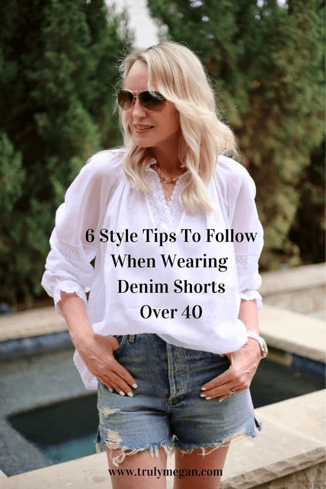 Jean Shorts Dressed Up, Summer Style In Your 40s For Women, Women’s Summer Fashion Over 40, Over 40 Shorts Outfits, Summer Shorts Outfits Over 40 Mom Style, Short Women Summer Outfits, Cutoff Shorts Outfit Over 40, Denim Cutoffs Outfit, Dressy Jean Shorts Outfit