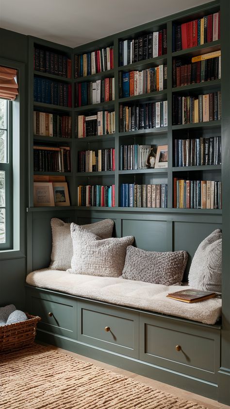 Transform your home with chic decor ideas and stylish trends. Find elegant inspirations and luxe solutions to refresh and enhance your space. #HomeInspiration #TrendyDecor #LuxeStyle Home Library With Wallpaper, Mancave Library, Library And Craft Room, Library Snug, Bookcase Dining Room, Library Nook Ideas, Built In Reading Nook, Bookshelf In Living Room, Home Library Wall