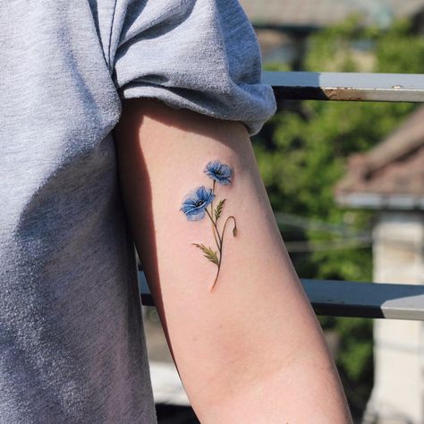 Blue Poppy Studiobysol _ @vane_tattoo_  #studiobysol #koreantattoo #koreantattooshop #colortattoo #flowertattoo #armtattoo #poppytattoo Blue Poppy Tattoo, Blue Flower Tattoo, Little Elephant Tattoos, Blue Poppy Flower, Himalayan Blue Poppy, Ballerina Tattoo, Blue Flower Tattoos, Tiny Flower Tattoos, Poppy Flower Tattoo