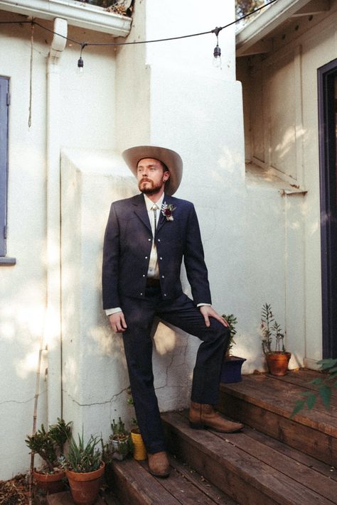 Edith-and-Brenden-chose-a-western-theme-for-their-Ojai-elopement.-Brenden’s-outfit-is-on-point! Ojai Elopement, Rustic Groom Attire, Western Groom, Western Elopement, Rustic Wedding Groom, Rustic Groom, Boho Wedding Arch, Pastel Bridesmaids, Biker Wedding