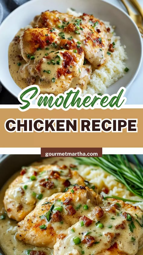 Discover the ultimate smothered chicken recipe that’s bursting with rich, creamy flavors. This southern comfort food classic is easy to make, perfect for family dinners, and packed with tender chicken drenched in a savory gravy. Unlock the secret to this amazing dish! #smotheredchicken #chickenrecipe #southerncooking #comfortfood #easyrecipes #homemadegravy #weeknightdinner #chickenandgravy #chickenrecipes #dinnerideas Smothered Chicken With Gravy, Amazing Chicken Breast Recipes, Garlic Gravy, Smothered Chicken Recipe, Ways To Make Chicken, Smothered Chicken Recipes, Chicken Gravy Recipe, Cream Sauces, Apple Dumpling