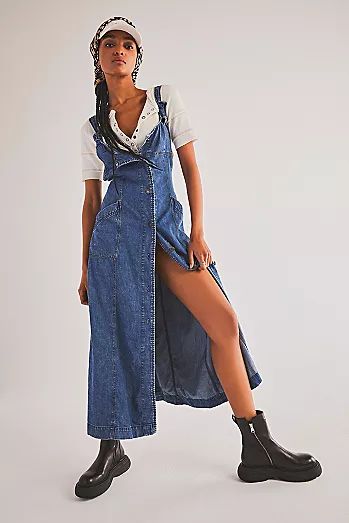 Denim Dresses | Free People Jeans Dress Outfit, Denim Dungaree Dress, Denim Dress Outfit, Dress Over Jeans, Vintage Denim Dress, Denim Jean Dress, Time After Time, Denim Maxi, Hottest Fashion Trends