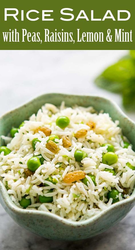 Basmati Rice Salad with Peas, Mint, and Lemon ~ Minty, lemony rice salad made with basmati rice, peas, mint, lemon, and raisins. ~ SimplyRecipes.com #sidedish #gluten-free #vegetarian #peas Unusual Salads, Rheumatoid Diet, Lemony Rice, Basmati Rice Salad, Salad With Peas, Rice Salads, Rice Peas, Rice Salad Recipes, Lemon And Mint