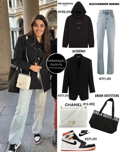 🌹Hande Erçel Closet🌹 on Instagram: “Hande yesterday in Milan🖤 wearing: •Hoodie (€169,00) from @thekooples •Jeans (€711,00) from @alexanderwangny •JordanAir1 Retro High…” Hande Ercel Style Instagram, Hande Erçel Style, Hande Ercel Style, University Outfit, Turkish Actress, Capsule Wardrobe Outfits, Fashion Vocabulary, Casual Day Outfits, Turkish Fashion