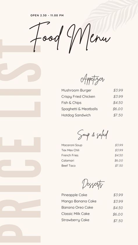 Beige Food Menu Instagram Story Canva Template Price List Design Ideas Food, Beige Food, Hotdog Sandwich, Menu Design Layout, Macaroni Soup, Menu Pdf, Price List Design, Mushroom Burger, Food Menu Template