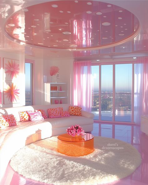 POV: This is Your Pink and Orange Dream Apartment from the 2000s! 🧡💖🏠 [AI] 🛍️ Shop posters at damidreamscapes.etsy.com Custom poster designs are available through commissions on Etsy. #y2k #apartment #2000snostalgia #pinkaesthetic #orangeaesthetic #genz #millennials #dreamroom #y2kvibes #colorfulhome #interiordesign #2000sthrowback #pinkdecor #orangedecor #roominspo #teenroomdeclr #y2knostalgia #vibrantinterior #homedecor #roomposter #decorinspo #aesthetic #dreambedroom #youthculture #200... Modern Pink Aesthetic, Early 2000s Apartment, 00s Interior, Frutiger Aero Interior, Y2k House, Y2k Apartment, Beautiful Dorm Room, Dads Room, Newborn Room