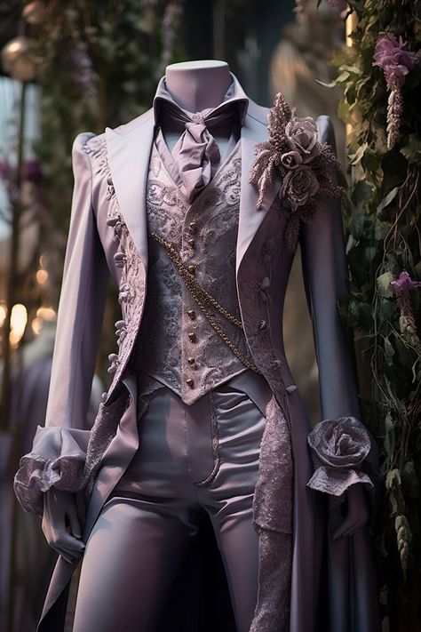 Lavender Mens Outfit, Dnd Formal Wear Male, Male Clothing Design, Fantasy Suits Male, Fantasy Fashion Male, Fantasy Suit, Male Fantasy Clothing, Lavender Suit, Wizard Fashion