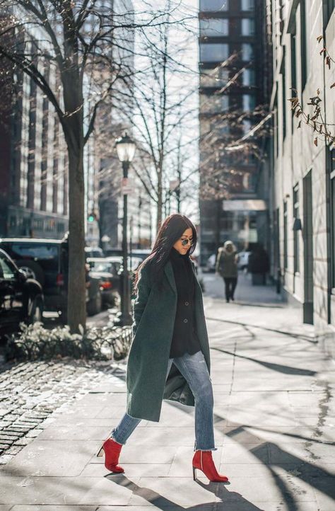 RED ANKLE BOOTS Ankle Boots Outfit, Brown Knee Boots, Long Denim Pants, Gray Denim Pants, Long Black Blazer, Red Ankle Boots, Light Blue Jacket, Ripped Denim Pants, Boots Outfit Ankle