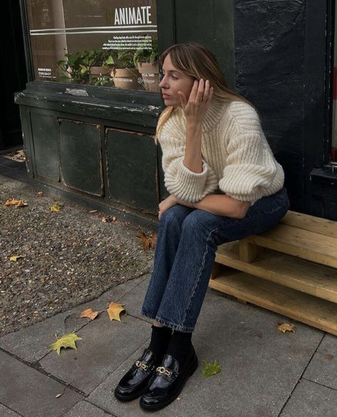 Cream Knitwear, Chunky Loafers Outfit, Loafer Socks, Loafer Outfits, Sweater With Jeans, Lizzy Hadfield, Dark Floral Dress, Loafers With Socks, Most Popular Shoes