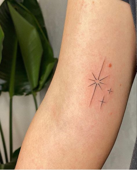 Sparkle Arm Tattoo, Tiny Starburst Tattoo, Red Sparkle Tattoo, Dainty Starburst Tattoo, Small Sparkle Tattoo, Delicate Stars Tattoo, Polar Star Tattoo, Tattoos Inner Arm, Sparkle Star Tattoo