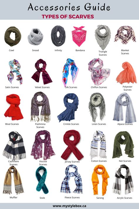 Accessories Guide_Types of Scarves Types Of Scarves Different, Different Types Of Accessories, Different Types Of Dresses Names, Types Of Scarfs, Style Names Types Of Fashion, Name Of Clothes, Types Of Accessories, Types Of Tops, Fashion Terminology