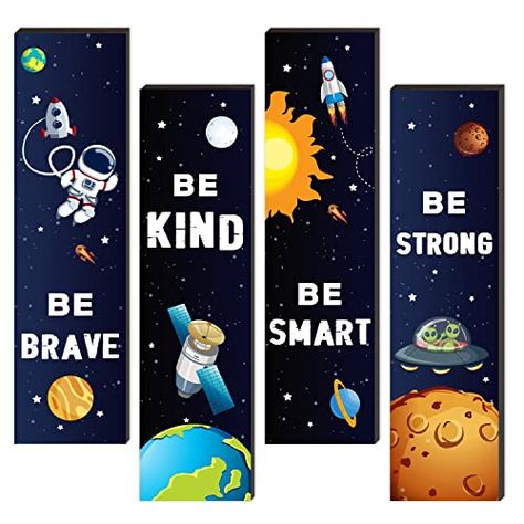 4 Pieces Space Decor Wooden Hanging Wall Plaques, Outer Space Theme Room Wall Art Decor, Boys Bedroom Decor Space Motivational Quote for Baby Kids Classroom Nursery Outer Space Theme Room, Wall Space Decor, Space Theme Classroom, Space Themed Room, Outer Space Theme, Motivational Wall Decor, Toddler Boys Room, Quote Decor, Theme Classroom