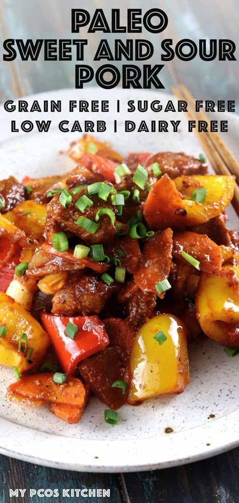 Low Carb Paleo Sweet and Sour Pork - A gluten-free, starch-free and sugar-free sweet and sour sauce coating some delicious fried pork roast pieces and peppers. This delicious, healthy weeknight meal comes together in just 20 minutes! #keto #paleo #lowcarb #lchf #chinese Gluten Free Sweet And Sour Pork, Keto Asian Pork Recipes, Low Carb Pork Roast Recipes, Low Cal Pork Recipes, Low Carb Pork Belly Recipes, Healthy Sweet And Sour Pork, Keto Pork Recipes Low Carb, Keto Sweet And Sour Pork, Healthy Pork Roast Recipes