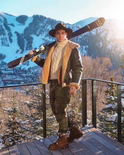 Cockpit USA on Instagram: "Who’s ready for the three day weekend ahead? @ericgoldie is, that’s who! Geared up for the long weekend in Aspen, Eric pairs our @cockpitusa RAF Bomber jacket nicely with a classic cable knit sweater and cargo pants. This is definitely a style we fly ⛷️ with! Visit cockpitusa.com to shop our classic sheepskin collection and more! #shearling #sheepskin #bomberjacket #skistyle #skiing🎿 #mensstyle #aspen #colorado #cockpitusa #madeinusa" Mens Apres Ski Style, Apre Ski Party Outfit, Ski Fashion Men, Aspen Colorado Winter, Ski Outfit Men, Apres Ski Men, Ski Lodge Party, Apres Ski Outfits, Apres Ski Style