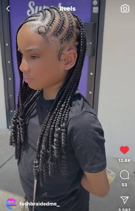 Back To School Hairstyles For 5th Grade, Kids Stitch Braids Hairstyles, Box Braids And Cornrows Hairstyles, Back To School Braids Hairstyles For Kids, Cute Kid Hairstyles Braided, Hair Ideas For School Braids, Knotless Box Braids With Cornrows Top, Cute Hairstyles For Little Kids Easy, Braids For Preteens Black