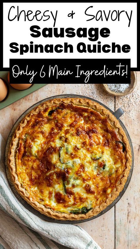 Sausage Spinach Quiche in a pie tin with a green striped napkin. Italian Sausage Quiche Recipes, Sausage Mushroom Spinach Quiche, Sausage Spinach Quiche Recipes, Special Occasion Recipes Dinner, Quiche Sausage Cheese, Sausage Quiche Recipes Easy, Spinach Egg Quiche, Quiche Recipes Sausage, Quiche Recipes Spinach