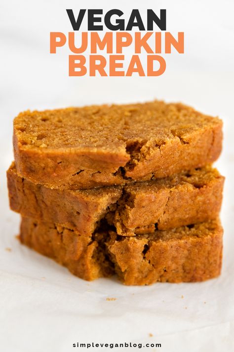 Vegan pumpkin bread, a delicious type of vegan bread. It is moist, flavorful, and wonderfully spiced, as well as made with 10 ingredients. #vegan #vegetarian #plantbased #veganpumpkinbread #veganbread Wfpb Pumpkin Bread, Quick Desserts Easy Simple, Vegan Gluten Free Bread, Pumpkin Bread Moist, Vegan Bakes, Chimichurri Steak, Vegan Pumpkin Bread, Vegan Breads, Vegan Baking Recipes