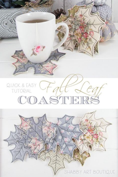 Quick and easy tutorial for making fabric Fall leaf coasters by Shabby Art Boutique Leaf Coasters, Shabby Art Boutique, Fall Sewing Projects, Fall Sewing, Art Boutique, Cup Coasters, Astuces Diy, Fabric Coasters, Shabby Fabrics