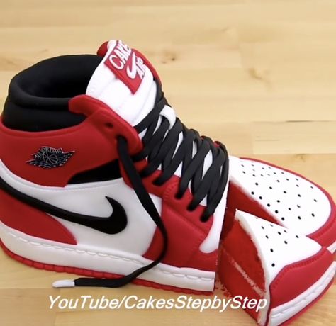 Red velvet Air 1’s cake Jordan Shoes Cake Ideas, Sneaker Cake Ideas Air Jordans, Jordan Shoe Cake Birthday, Nike Shoe Birthday Cake, Jordan 1 Birthday Cake, Jordan 1 Cake Ideas, Air Jordan Cake Ideas, Shoe Cake Ideas, Nike Jordan Cake