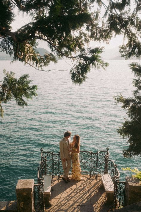 villa monastero lake como italy wedding engagement session portrait Lake Como Italy Engagement, Lake Como Couple Aesthetic, Italy Pre Wedding Photoshoot, Proposals In Italy, Proposal By The Lake, Lake Como Italy Proposal, Engagement In Italy, Lake Como Engagement Photoshoot, Cute Engagement Ideas